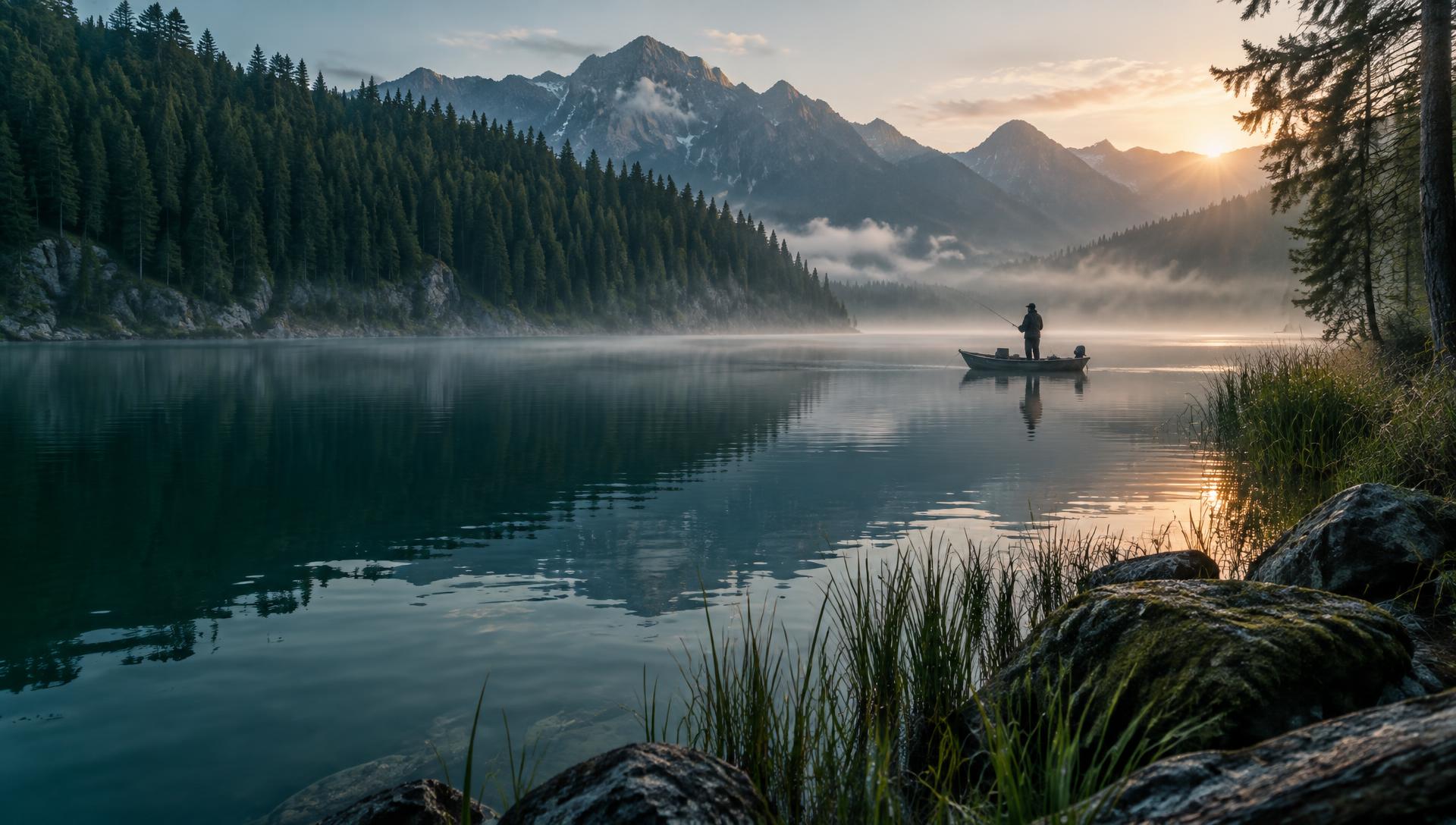 Angler auf einem ruhigen Bergsee bei Sonnenaufgang